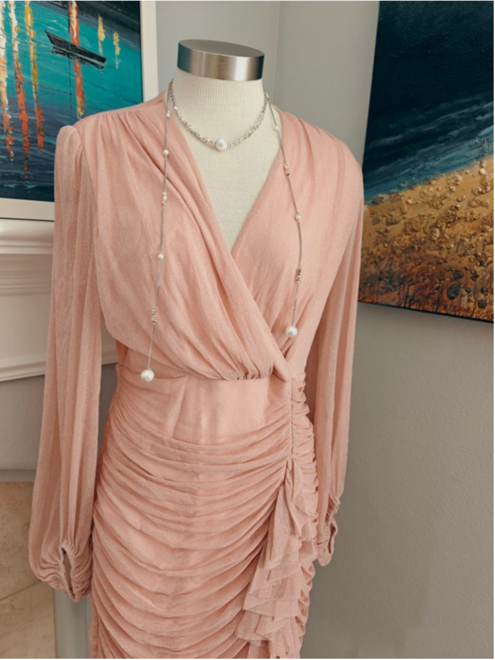 Women's ANANY Pink Long Sleeve Ruched Ruffle Mini Dress - Picture 7 of 10